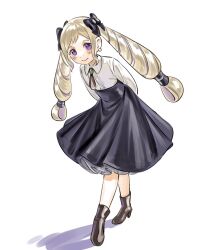 Rule 34 | 1girl, abinosu0903, black bow, black bowtie, black footwear, black ribbon, black skirt, blonde hair, blush, boots, bow, bowtie, commentary request, drill hair, earrings, elise (fire emblem), fire emblem, fire emblem fates, frilled skirt, frills, hair ribbon, high-waist skirt, high heel boots, high heels, highres, jewelry, long hair, long skirt, looking at viewer, nintendo, parted bangs, petticoat, purple eyes, ribbon, shirt, sidelocks, simple background, skirt, smile, solo, twin drills, twintails, white background, white shirt