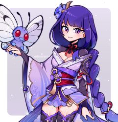 Rule 34 | 1girl, arm up, border, breasts, bug, butterfly, butterfree, cleavage, closed mouth, commentary, creatures (company), crossover, english commentary, flower, game freak, gen 1 pokemon, genshin impact, hair flower, hair ornament, hand up, highres, insect, japanese clothes, kimono, long hair, nintendo, obi, obijime, outside border, pokemon, pokemon (creature), purple eyes, purple flower, purple hair, raiden shogun, sash, smile, standing, touyarokii, twitter username, watermark, white border