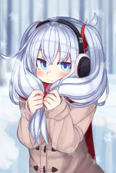 Rule 34 | 1girl, alternate costume, alternate hairstyle, bad id, bad pixiv id, beige coat, blue eyes, blush, coat, commentary request, earmuffs, hair between eyes, hibiki (kancolle), highres, kantai collection, long hair, long sleeves, red scarf, reitou mikan, scarf, silver hair, smile, solo, twintails, upper body