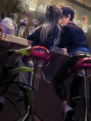 Rule 34 | 1boy, 1girl, belt, black pants, blue eyes, blue flower, blue hair, blue jacket, bouquet, chinese commentary, commentary, crazy straw, cup, drinking straw, floral print, flower, food, from below, grey hair, hair rings, heart straw, highres, ice cream, imminent kiss, jacket, kitsuneko (fox a-j), lamp, long hair, luo tianyi, pants, plant, potted plant, restaurant, sitting, skirt, sundae, vocaloid, vsinger, white skirt, zhiyu moke