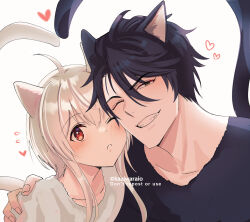 Rule 34 | 2boys, ahoge, animal ears, black hair, blush, brown eyes, cat boy, cat day, cat ears, cat tail, cheek-to-cheek, collarbone, commentary request, evelogia, frown, grin, hair between eyes, heads together, heart, heart tail duo, kajiwara io, looking at viewer, male focus, maou evelogia ni mi wo sasage yo, multiple boys, one eye closed, portrait, red eyes, short hair, short hair with long locks, smile, tail, toshiaki gozu, trap, twitter username, white background, yaoi