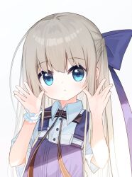 Rule 34 | 1girl, :t, black bow, blue bow, blue eyes, bow, braid, closed mouth, collared shirt, commentary, dress shirt, grey hair, hair bow, hands up, healer girl (yuuhagi (amaretto-no-natsu)), highres, long hair, looking at viewer, original, overalls, pout, shirt, short sleeves, simple background, single wrist cuff, solo, upper body, very long hair, white background, white shirt, wrist cuffs, yuuhagi (amaretto-no-natsu)