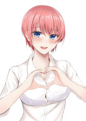 Rule 34 | 1girl, :d, blue eyes, breasts, button gap, collared shirt, go-toubun no hanayome, hair between eyes, heart, heart hands, highres, hoshinori19, large breasts, nakano ichika, open mouth, pink hair, shirt, short hair, short sleeves, smile, solo, teeth, upper body, upper teeth only, white background, white shirt