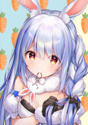 Rule 34 | 1girl, aea, animal ear fluff, animal ears, bare shoulders, black gloves, black leotard, blue background, blue hair, blush, braid, braiding hair, breasts, closed mouth, commentary request, detached sleeves, don-chan (usada pekora), dress, fur-trimmed gloves, fur trim, gloves, hair between eyes, hair tie, hair tie in mouth, hairdressing, higeneko, highres, hololive, leotard, long hair, looking at viewer, medium breasts, mouth hold, multicolored hair, puffy short sleeves, puffy sleeves, rabbit ears, red eyes, short eyebrows, short sleeves, solo, strapless, strapless dress, strapless leotard, thick eyebrows, two-tone background, two-tone hair, upper body, usada pekora, usada pekora (1st costume), virtual youtuber, white dress, white hair, white sleeves, yellow background