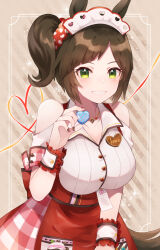Rule 34 | 1girl, animal ears, bare shoulders, blush, breasts, brown hair, brown nails, candy, chocolate, chocolate heart, cleavage, clothing cutout, food, green eyes, grin, hair ornament, hair scrunchie, hand up, heart, heart on chest, high-waist skirt, highres, holding, holding chocolate, holding food, horse ears, horse girl, horse tail, ines fujin (melty gift) (umamusume), ines fujin (umamusume), large breasts, looking at viewer, maid headdress, momiji shiori, nail polish, name tag, red skirt, scrunchie, shirt, short hair, short sleeves, shoulder cutout, side ponytail, skirt, smile, solo, tail, umamusume, upper body, white shirt, wrist cuffs