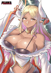 Rule 34 | 1girl, artist name, blonde hair, blush, breasts, chikoinochi, cleavage, colored inner hair, dark-skinned female, dark skin, draph, gloves, granblue fantasy, highres, horn ornament, horn ribbon, horns, huge breasts, kumbhira (granblue fantasy), large breasts, long hair, looking at viewer, multicolored hair, off shoulder, parted bangs, parted lips, pink hair, pointy ears, ribbon, shorts, simple background, sitting, smile, solo, two-tone hair, white background, white gloves, wide sleeves, yellow eyes