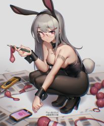 Rule 34 | 1girl, absurdres, anal beads, animal ears, barcode, barcode tattoo, bare shoulders, bilibili xiaolu, black collar, black pantyhose, blush, bow, bowtie, boxcutter, breasts, cellphone, cleavage, collar, condom, detached collar, eraser, fake animal ears, glasses, grey hair, hair ornament, hairclip, high heels, highres, hitachi magic wand, leotard, long hair, looking at viewer, medium breasts, original, pantyhose, pencil, phone, playboy bunny, rabbit ears, rabbit tail, red-framed eyewear, red eyes, ruler, sex toy, simple background, smartphone, solo, squatting, strapless, strapless leotard, tail, tattoo, used condom, vibrator, wrist cuffs