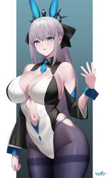Rule 34 | 1girl, absurdres, animal ears, black bow, blue eyes, bow, braid, breasts, cleavage, clothing cutout, detached sleeves, fate/grand order, fate (series), french braid, highres, kurozawa yui, large breasts, legs together, long hair, looking at viewer, morgan le fay (fate), nail polish, navel, navel cutout, necktie, pale skin, pantyhose, rabbit ears, signature, skindentation, solo