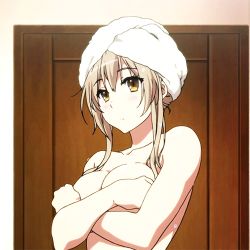 Rule 34 | 10s, 1girl, amagi brilliant park, animated, animated gif, breasts, brown hair, covering privates, covering breasts, embarrassed, female focus, long hair, lowres, nude, sento isuzu, solo, towel, towel on head