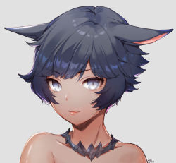 Rule 34 | 10s, 1girl, :e, animal ears, bare shoulders, black hair, blue eyes, cat ears, closed mouth, collar, collarbone, dark-skinned female, dark skin, ears down, final fantasy, final fantasy xiv, grey background, looking at viewer, miqo&#039;te, nagu, pink lips, portrait, signature, simple background, solo, upper body, warrior of light (ff14)