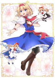 Rule 34 | 1girl, absurdres, alice margatroid, artist request, black pantyhose, blonde hair, blue dress, blue eyes, boots, brown footwear, capelet, cross-laced footwear, doll, dress, floating, hair between eyes, hairband, highres, hourai doll, knee boots, lace-up boots, looking at viewer, midair, open mouth, pantyhose, red neckwear, shanghai doll, short hair, smile, touhou