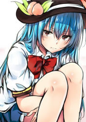 Rule 34 | 1girl, :i, black hat, blue hair, blue skirt, bow, bowtie, brown eyes, collared shirt, food, frilled skirt, frills, frown, fruit, hair between eyes, hands under legs, hat, hat leaf, highres, hinanawi tenshi, hugging own legs, knees, long hair, looking at viewer, peach, pout, puffy short sleeves, puffy sleeves, red bow, red bowtie, shirt, short sleeves, skirt, solo, tearing up, touhou, white background, white shirt, yuhito (ablbex)