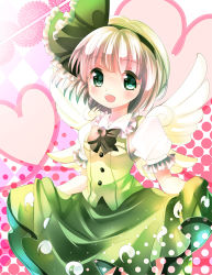 Rule 34 | 1girl, bow, bowtie, checkered background, female focus, gradient hair, green eyes, hair ribbon, heart, heart of string, konpaku youmu, looking at viewer, multicolored hair, nagare, open mouth, pink background, polka dot, polka dot background, puffy short sleeves, puffy sleeves, ribbon, short hair, short sleeves, skirt, skirt hold, skirt set, solo, touhou, vest, wings