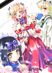 Rule 34 | 3girls, black hair, blonde hair, blue eyes, blunt bangs, blush, bow, brown eyes, english text, female focus, finger to mouth, gift, hair bow, looking at viewer, luna child, multiple girls, perfect memento in strict sense, red eyes, ribbon, sash, sho (runatic moon), star sapphire, sunny milk, touhou, twintails, wings