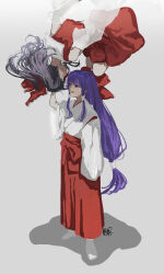 Rule 34 | 2girls, absurdres, arm at side, arm up, bow, brown hair, commentary request, detached sleeves, dress, dual persona, faceless, faceless female, floating, grey background, hair bow, hakama, hakama skirt, hakurei reimu, hakurei reimu (pc-98), highres, japanese clothes, kosode, long hair, looking at another, low-tied long hair, miko, multiple girls, open mouth, purple hair, red bow, red dress, red hakama, shadow, short hair, simple background, sketch, skirt, smile, sokura (mochichitose), touhou, upside-down, white sleeves, wide sleeves
