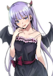 Rule 34 | 1girl, :d, black dress, black wings, blush, bow, character request, collarbone, demon wings, dress, highres, long hair, looking at viewer, new game!, off-shoulder dress, off shoulder, open mouth, purple eyes, purple hair, red bow, simple background, sketch, sleeveless, sleeveless dress, smile, solo, standing, suzukaze aoba, twintails, very long hair, white background, wings, yuhito (ablbex)