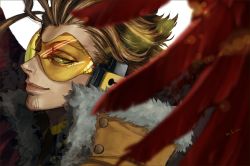 Rule 34 | 1boy, backlighting, blonde hair, blurry, boku no hero academia, collar, depth of field, feathered wings, fur collar, glasses, hawks (boku no hero academia), jacket, lens flare, male focus, mkm (mkm storage), profile, reflection, signature, solo, white background, wings, yellow jacket