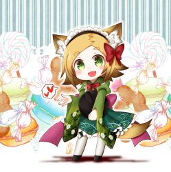 Rule 34 | 1girl, animal ears, back bow, bow, bowtie, candy, chibi, fang, floral print, food, fox ears, fox tail, green eyes, heart, holding, holding tray, kogitsunemaru (tenka hyakken), lace trim, lollipop, long sleeves, macaron, maid, maid headdress, mikanbako320, open mouth, orange hair, parted bangs, print skirt, red bow, red bowtie, sidelocks, skin fang, skirt, smile, socks, solo, spoken heart, striped, tail, tenka hyakken, thick eyebrows, tray, vertical stripes, wa maid, white socks, wide sleeves