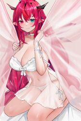 Rule 34 | 1girl, absurdres, bow, bow bra, bra, breasts, choker, cleavage, commission, curtain grab, curtains, heterochromia, highres, hololive, hololive english, horns, irys (hololive), large breasts, lingerie, long hair, looking at viewer, negligee, panties, pointy ears, red hair, sitting, solo, soradally, underwear, underwear only, very long hair, virtual youtuber, wariza, white bra, white panties