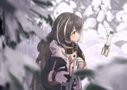 Rule 34 | 1girl, andersonalac, arknights, blurry, blurry foreground, brown hair, coat, commentary, drone, earrings, from side, gloves, highres, hood, hooded coat, jewelry, looking at object, magallan (arknights), mask, mask around neck, multicolored hair, open mouth, outdoors, profile, short hair, snow, solo, streaked hair, tree, upper body, white coat, white gloves, white hair, yellow eyes