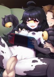 Rule 34 | 1boy, 1girl, :p, ahoge, arm grab, ass, black hair, black skin, blush, breasts, brown hair, closed eyes, closed mouth, colored sclera, colored skin, commentary, commission, commissioner insert, controller, cyclops, english commentary, extra eyes, facing viewer, fat mons, game console, game controller, gaothun, gazer (monster girl encyclopedia), girl on top, grabbing, grabbing another&#039;s breast, grabbing from behind, hetero, highres, holding, joystick, large breasts, lips, long hair, looking back, lying, medium breasts, monster girl, monster girl encyclopedia, nintendo switch, nintendo switch controller, nipples, nude, one-eyed, open mouth, parted bangs, penis, playing games, pussy, red eyes, sex, sharp teeth, short hair, signature, smile, solo focus, spread legs, teeth, tentacle sex, tentacles, tongue, tongue out, uncensored, upper teeth only, vaginal, white skin, yellow sclera