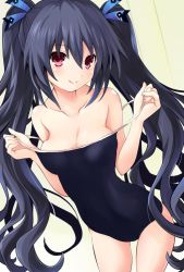 Rule 34 | 1girl, adjusting clothes, adjusting swimsuit, bare shoulders, black hair, black one-piece swimsuit, black school swimsuit, blush, breasts, cleavage, commentary request, competition school swimsuit, excited, happy, iwashi dorobou -r-, looking at viewer, medium breasts, neptune (series), noire (neptunia), one-piece swimsuit, red eyes, school swimsuit, smile, solo, swimsuit, thighs, tsundere, twintails