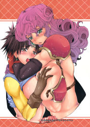 Rule 34 | 2girls, armor, grabbing another&#039;s breast, breast press, breasts, brown eyes, brown hair, censored, chunsoft, curly hair, dragon quest, dragon quest iii, elbow gloves, enix, futa with futa, futanari, gloves, grabbing, green eyes, headband, highres, large breasts, long hair, multiple girls, multiple penises, penis, penises touching, purple hair, roto (dq3), short hair, soldier (dq3), square enix, sweat, symmetrical docking