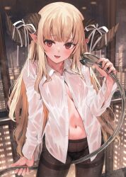 Rule 34 | 1girl, black pantyhose, blonde hair, building, city, highres, horns, hose, navel, night, no bra, open clothes, open shirt, original, pantyhose, parsley-f, pointy ears, red eyes, see-through, see-through shirt, shirt, shower head, solo, wet, wet clothes, white shirt, window