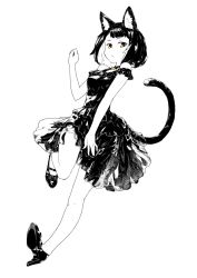 Rule 34 | 1girl, animal ear fluff, animal ears, bare shoulders, black dress, black hair, blunt bangs, cat ears, cat tail, choker, dress, frilled dress, frills, full body, greyscale, halterneck, hand up, high heels, jaco, layered dress, leg up, looking at viewer, looking to the side, monochrome, no socks, off-shoulder dress, off shoulder, original, short hair, skirt, skirt hold, sleeveless, slit pupils, solo, spot color, tail, white background, yellow eyes