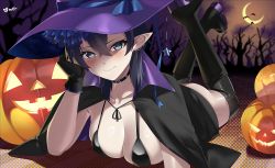 Rule 34 | 1girl, ass, bikini, blue eyes, blush, boots, breasts, capelet, choker, cleavage, collarbone, crescent moon, earrings, frills, halloween, hat, highres, jack-o&#039;-lantern, jewelry, kurozawa yui, looking at viewer, lying, moon, night, on stomach, original, pale skin, pointy ears, purple hair, shiny skin, solo, star ornament, swimsuit, thigh boots, tree, witch hat