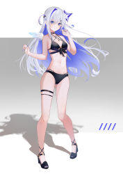 Rule 34 | 1girl, absurdres, amane kanata, amane kanata (work), angel, angel wings, bikini, black bikini, black footwear, blue eyes, blue hair, blue nails, blue wings, breasts, chamaru5963, colored inner hair, earrings, feathered wings, full body, gradient hair, gradient wings, grey hair, hair ornament, hairclip, halo, highres, hololive, jewelry, long hair, looking at viewer, mini wings, multi-strapped bikini, multicolored hair, multicolored wings, nail polish, navel, necklace, parted lips, sandals, shadow, single hair intake, small breasts, solo, standing, star halo, stomach, streaked hair, swimsuit, thigh strap, two side up, very long hair, virtual youtuber, white hair, white wings, wings