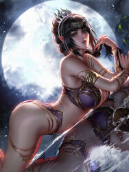Rule 34 | 1girl, arched back, armlet, ass, baldur&#039;s gate, baldur&#039;s gate 3, black hair, bra, bracelet, braid, braided ponytail, dungeons &amp; dragons, elf, hair ornament, highres, jewelry, liang xing, looking at viewer, moon, night, panties, pointy ears, reflection, reflective water, scar, scar on face, shadowheart (baldur&#039;s gate), solo, thighlet, tiara, underwear, water