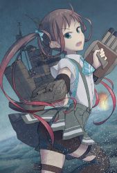 Rule 34 | 10s, 1girl, aiming, aiming at viewer, asagumo (kancolle), bike shorts, blush, brown hair, hair ribbon, highres, irigoma (jikabi baisen), kantai collection, long hair, looking at viewer, open mouth, pleated skirt, ribbon, school uniform, skirt, solo, suspenders, turret, twintails