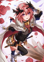 Rule 34 | 1boy, armor, astolfo (fate), black bow, black thighhighs, blush, bow, braid, cape, fate/apocrypha, fate/grand order, fate (series), faulds, fur-trimmed cape, fur trim, garter straps, gauntlets, gloves, hair intakes, highres, inue ao, long braid, long hair, long sleeves, looking at viewer, male focus, multicolored hair, open mouth, pink hair, purple eyes, single braid, smile, solo, streaked hair, thighhighs, trap, white cape