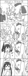 Rule 34 | 2girls, 4koma, ahegao, animal costume, black hair, blush stickers, cat costume, check translation, chicken costume, comic, dog costume, greyscale, highres, k-on!, monochrome, multiple girls, nakano azusa, pig costume, rondon (londooon), rooster costume, tongue, translated, translation request, twintails