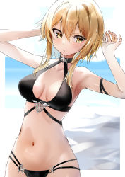 Rule 34 | 1girl, absurdres, arm behind head, arms up, bare arms, bare shoulders, bikini, black bikini, blonde hair, blush, breasts, breasts apart, closed mouth, genshin impact, hair between eyes, highres, looking away, lumine (genshin impact), medium breasts, nanashinayuzu mochi, navel, revision, sidelocks, sideways glance, solo, stomach, swimsuit, upper body, yellow eyes