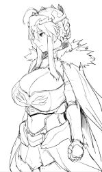 Rule 34 | 1girl, ahoge, armor, artoria pendragon (fate), artoria pendragon (lancer) (fate), braid, braided bun, breasts, cape, cleavage, cleavage cutout, closed mouth, clothing cutout, commentary request, cowboy shot, crown, fate/grand order, fate (series), faulds, from side, fur-trimmed cape, fur trim, gauntlets, greyscale, hair bun, huge breasts, long hair, monochrome, obmas, profile, simple background, solo, standing, white background