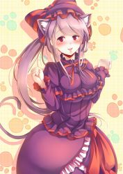 Rule 34 | 1girl, animal ears, blush, breasts, cat ears, cat girl, dress, female focus, frills, highres, kanzakietc, long hair, open mouth, overlord (maruyama), paw pose, ponytail, purple hair, red eyes, ribbon, shalltear bloodfallen, skirt, solo