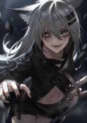 Rule 34 | 1girl, :d, animal ear fluff, animal ears, arknights, black jacket, breasts, expulse, fangs, grey eyes, hair between eyes, hair ornament, hairclip, hand up, highres, jacket, lappland (arknights), long hair, long sleeves, looking at viewer, multiple swords, nail polish, open mouth, scar, scar across eye, scar on face, shorts, silver hair, smile, solo, wolf ears