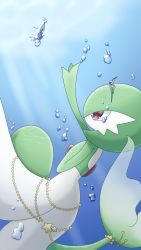 Rule 34 | 1girl, arm up, blue background, bubble, colored skin, creatures (company), female focus, fins, fish tail, from side, game freak, gardevoir, gen 3 pokemon, green hair, green skin, hand on own chest, hand up, highres, jewelry, light rays, looking up, mermaid, monster girl, muguet, multicolored skin, nintendo, outstretched arm, pokemon, pokemon (creature), profile, red eyes, short hair, simple background, solo, star (symbol), sunbeam, sunlight, tail, tiara, two-tone skin, underwater, white skin