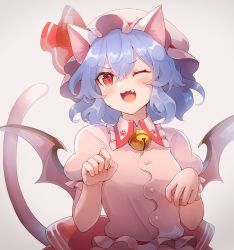 Rule 34 | 1girl, 60mai, ;3, ;d, animal ears, back bow, bat wings, bell, blue hair, blush, bow, breasts, cat ears, cat girl, cat tail, commentary request, dress, fang, frilled shirt collar, frills, hair between eyes, hat, jingle bell, kemonomimi mode, looking at viewer, mob cap, one eye closed, open mouth, paw pose, paw print, pink dress, puffy short sleeves, puffy sleeves, red bow, red eyes, remilia scarlet, short hair, short sleeves, simple background, small breasts, smile, solo, tail, touhou, upper body, v-shaped eyebrows, white background, wings