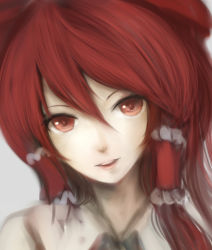 Rule 34 | 1girl, alternate eye color, alternate hair color, bad id, bad pixiv id, bow, face, female focus, hair ornament, hakurei reimu, lips, looking at viewer, moekyon, pale skin, parted lips, red eyes, red hair, smile, solo, touhou