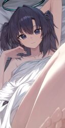 Rule 34 | 1girl, absurdres, barefoot, blanket, blue archive, closed mouth, halo, highres, huhi (huhi 1211), looking at viewer, lying, on bed, purple eyes, purple hair, solo, twitter, yuuka (blue archive)