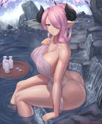 Rule 34 | 1girl, ass, blue eyes, breasts, butt crack, covered erect nipples, granblue fantasy, granblue fantasy versus, highres, horns, huge breasts, large breasts, long hair, looking at viewer, narmaya (granblue fantasy), pink hair, pointy ears, solo, towel, water