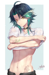 Rule 34 | 1boy, absurdres, ahoge, arm tattoo, black choker, black pants, casual, choker, closed mouth, clothes lift, collarbone, commentary, cowboy shot, earrings, eyeshadow, facial mark, forehead mark, genshin impact, green background, green hair, hair between eyes, highres, jewelry, looking at viewer, makeup, male focus, md5 mismatch, multicolored hair, nasaniliu, navel, navel piercing, open fly, pants, parted bangs, piercing, red eyeshadow, shirt, shirt lift, short hair, short hair with long locks, short sleeves, sidelocks, simple background, slit pupils, solo, standing, stomach, stomach tattoo, sweat, t-shirt, tattoo, toned, toned male, two-tone hair, undressing, wet, wet clothes, wet shirt, white hair, xiao (genshin impact), yellow eyes