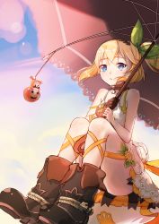 Rule 34 | 1girl, absurdres, bare shoulders, black choker, black footwear, black gloves, black hairband, blonde hair, blue eyes, blue sky, boots, choker, collarbone, dress, edna (tales), gloves, green ribbon, hair ribbon, hairband, highres, holding, holding umbrella, normin (tales), open mouth, outdoors, oz-xy, ribbon, short hair, side ponytail, single bare arm, single glove, sitting, sky, solo, tales of (series), tales of zestiria, umbrella, white dress, yellow ribbon