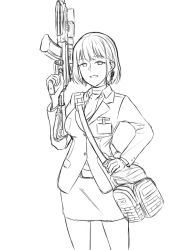 Rule 34 | 1girl, bag, breasts, business suit, cleavage, collarbone, cowboy shot, cyka, formal, girls&#039; frontline, greyscale, gun, hair between eyes, holding, holding gun, holding weapon, id card, light machine gun, machine gun, miniskirt, monochrome, open mouth, rpk, rpk-16, rpk-16 (girls&#039; frontline), rpk-16 (renate) (girls&#039; frontline), simple background, skirt, smile, solo, suit, weapon, white background