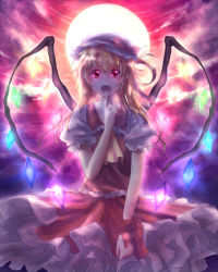 Rule 34 | 1girl, ascot, blonde hair, bow, dress, embodiment of scarlet devil, fang, female focus, flandre scarlet, happy, hat, highres, long hair, moon, necktie, nya?, nyaa (nnekoron), pointing, red eyes, ribbon, solo, touhou, vampire, wings, wrist cuffs, yellow ascot