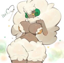 Rule 34 | 1girl, absurdres, bare arms, breasts, cleavage, creatures (company), curly hair, dark skin, furry, furry female, game freak, gen 5 pokemon, hand on own chest, heart, highres, horns, huge breasts, inner sideboob, long hair, looking down, midriff, navel, nintendo, pokemon, pokemon (creature), sheep girl, sheep horns, thick thighs, thighs, togetoge, whimsicott, white fur, white hair, wide hips, wool, yellow eyes