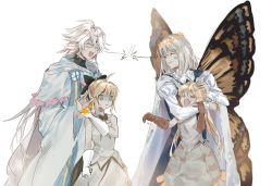 Rule 34 | 2boys, 2girls, ahoge, anger vein, artoria caster (fate), artoria caster (first ascension) (fate), artoria pendragon (all), artoria pendragon (fate), blonde hair, brown gloves, butterfly wings, cape, dress, empty eyes, fate/grand order, fate (series), gloves, insect wings, long hair, merlin (fate), multiple boys, multiple girls, oberon (fate), ponytail, robe, saber lily, ss un17, white background, white dress, white gloves, white hair, wings
